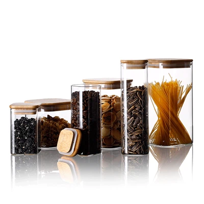 Jarra de vidro quadrado com tampa de bambu